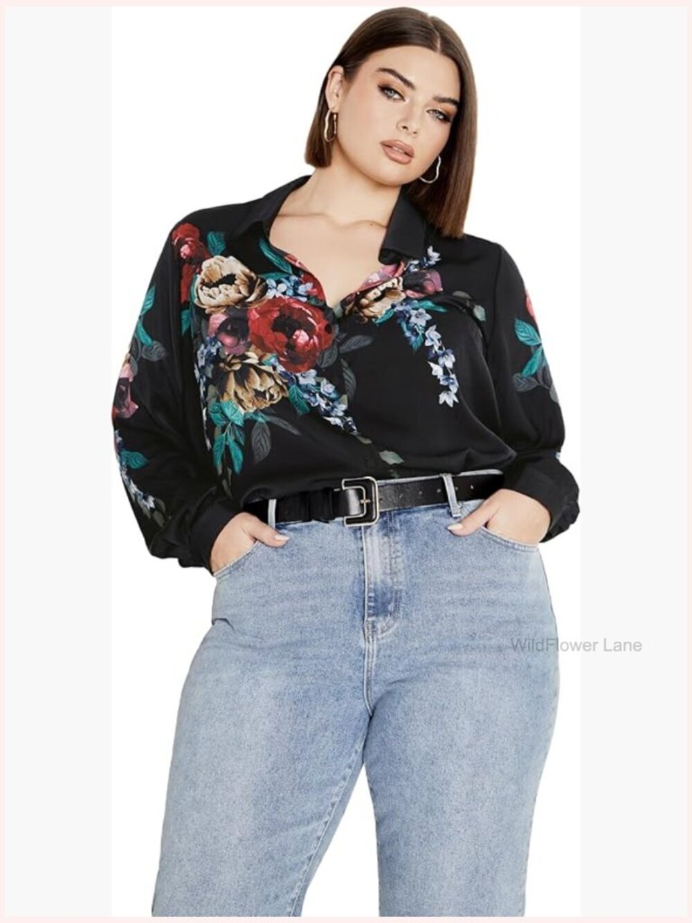 Plus Size Button Down Shirt - Floral, Long Sleeve, Hip Length